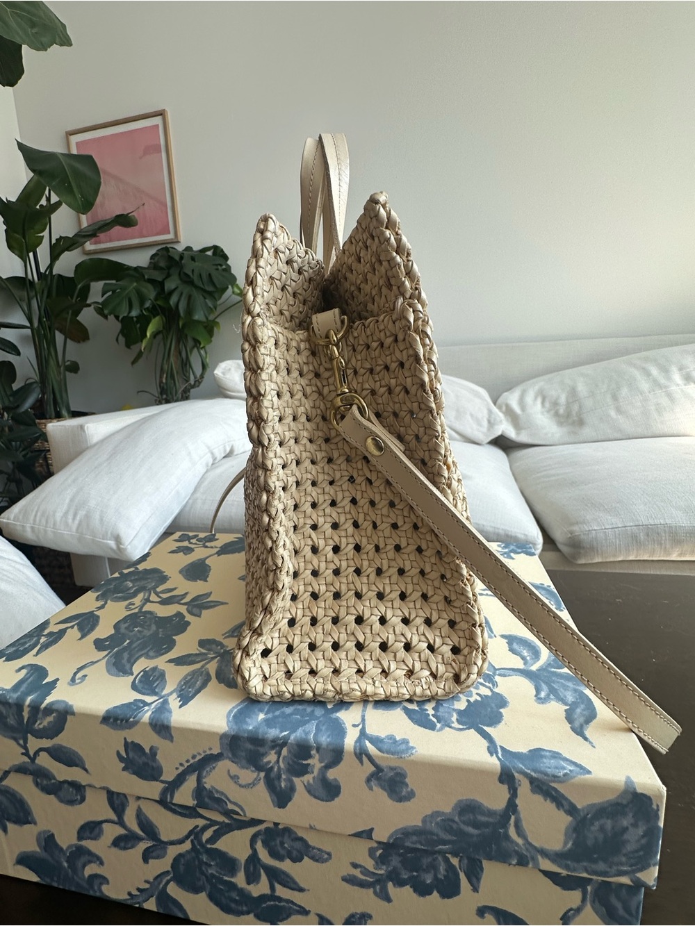 Woven Cream Tote with Long Adjustable Strap - Picture 2 of 3